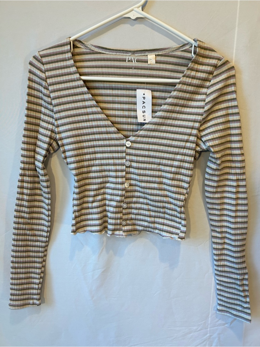 PacSun Striped Ribbed Button-Front V-Neck Long Sleeve Top